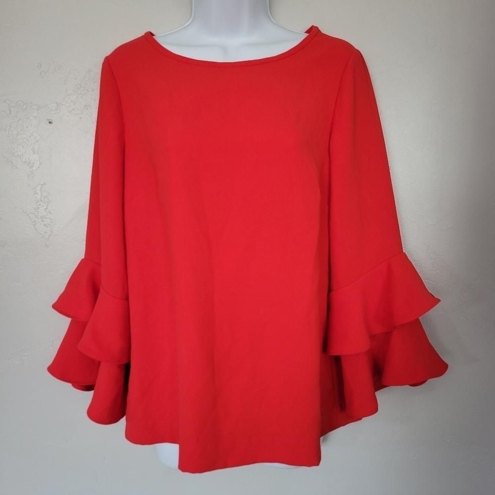 J.Crew Women's 6T 6 Tall Red Quarter Statement Sleeve Blouse Bell Ruffle Top